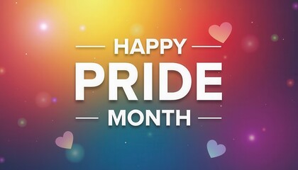 A bold "HAPPY PRIDE MONTH" text sits on a vibrant gradient background, surrounded by colorful hearts. The design radiates positivity, love, and celebration of LGBTQ+ diversity and unity