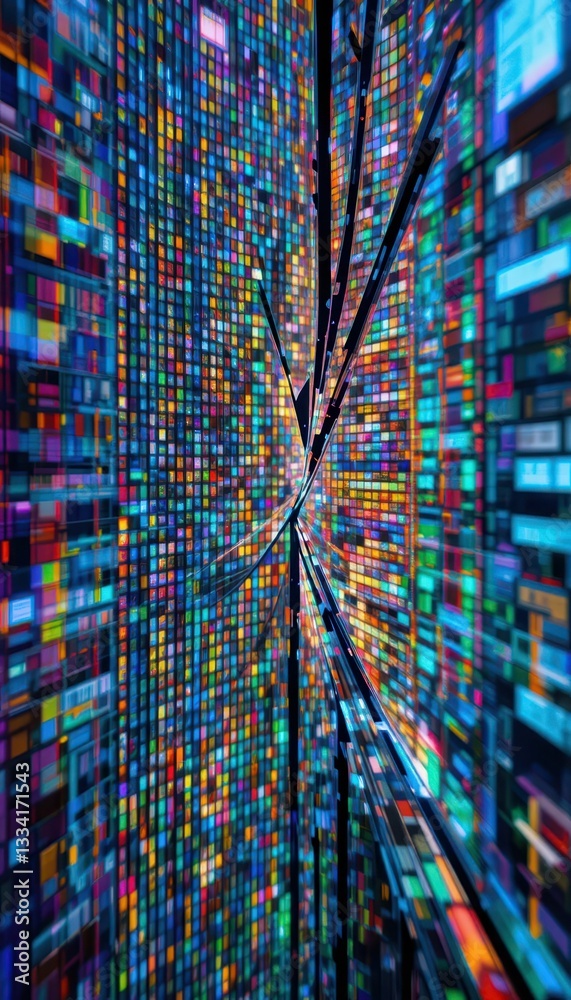 Poster abstract digital data flow with colorful pixel patterns and lines