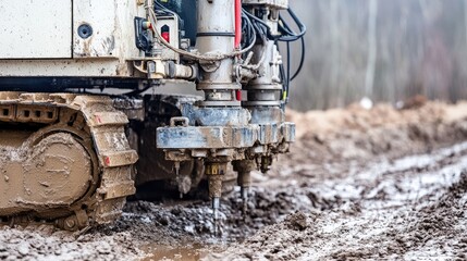 A mobile drilling machine with tank-like tracks, moving through rugged, muddy terrain