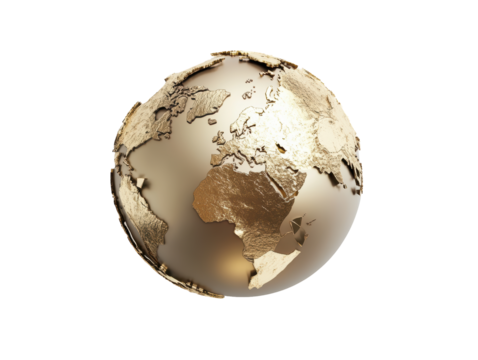 Isolated Golden Earth Globe with Detailed Continents and Textured Surface