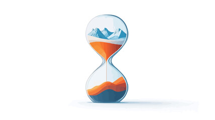 A digital illustration of an hourglass. The hourglass is depicted in a stylized manner, with a clear glass body. The upper bulb contains a stylized depiction of a snow-capped mountain range,