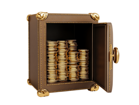 Isolated Opened Brown Safe Box with Golden Coins