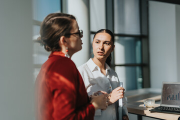 Fototapeta premium Two business colleagues engage in a focused discussion in a modern office setting. A laptop with charts is visible, indicating a collaborative work environment and professional interaction.