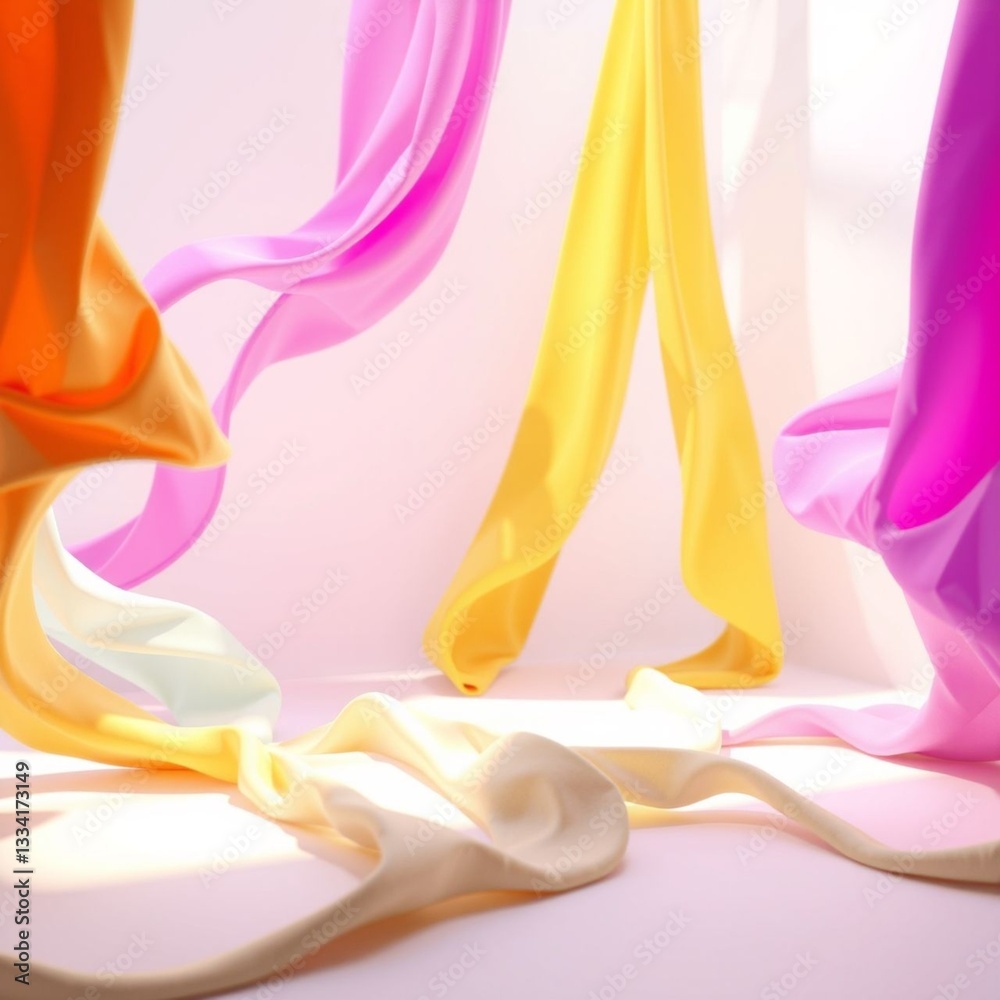 Sticker colorful flowing fabrics create a serene setting with soft pastel hues and gentle curves
