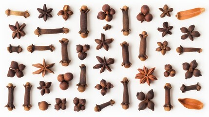 Collection of Various Whole Spices Including Cloves, Star Anise, and Nutmeg Arranged on White Background