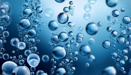  Oxygen bubbles in clear blue water, close-up. Mineral water. Water enriched with oxygen