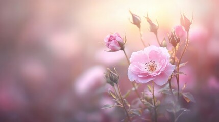 Obraz premium Soft pink blooming roses with buds in a blurred background