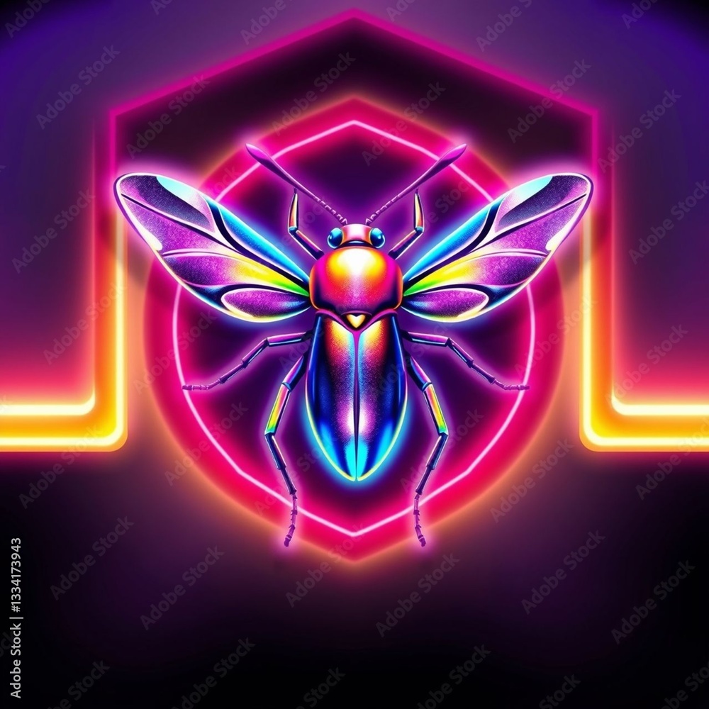 Canvas Prints colorful digital art of a bee with a neon glow effect and geometric shapes in the background