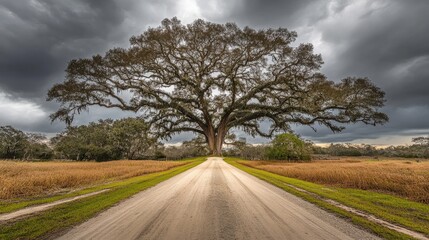 Fototapeta premium A rural dirt road with a towering tree in the center, its branches extending over both lanes