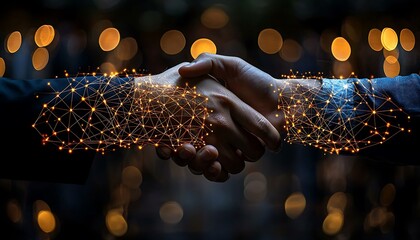 Two hands shaking with glowing network connection overlay
