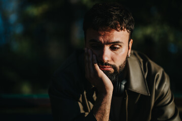 A contemplative man with a beard sits outside in dappled sunlight, lost in thought. The serene...
