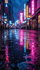 Vibrant Neon Lights Reflection in a Rainy City Street at Night