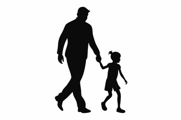 dad and child walking line art silhouette vector illustration