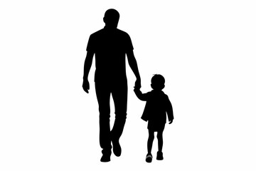 dad and child walking line art silhouette vector illustration