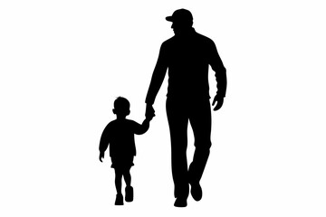 dad and child walking line art silhouette vector illustration