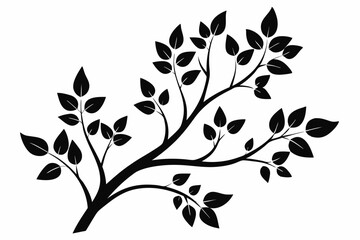 decorative tree branch with small leaves line art silhouette vector illustration