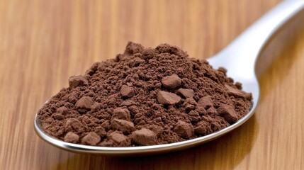 A silver spoon holding dark cocoa powder, elegantly displayed on a rich brown wooden table