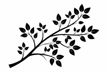 decorative tree branch with small leaves line art silhouette vector illustration