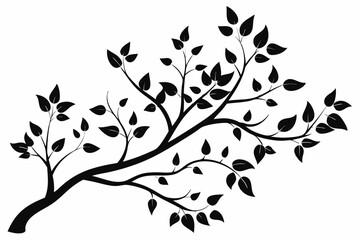decorative tree branch with small leaves line art silhouette vector illustration