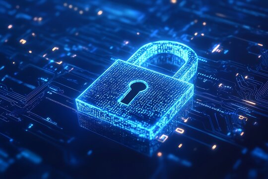 A digital illustration depicting an illuminated lock icon on top of blue circuit board patterns, symbolizing the protection and security associated with network application lifecycle management (ALM) 