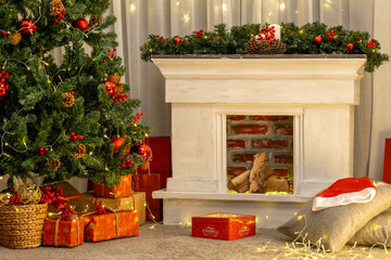 New Year's living room with a fireplace, Christmas tree, gifts