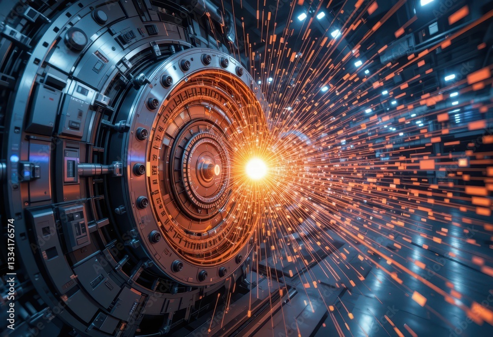 Poster dynamic energy burst from futuristic machine in high-tech setting