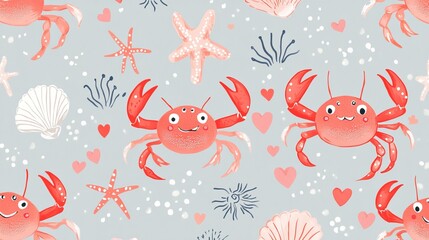 Fototapeta premium Charming red crabs with hearts and stars on grey adorable nautical design for kids spaces