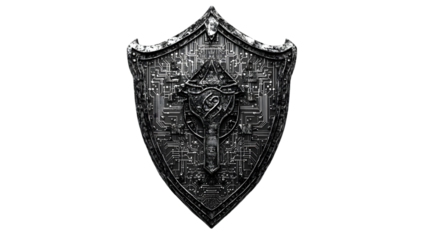 Intricate metallic shield design featuring circuit patterns, suitable for gaming or fantasy themes