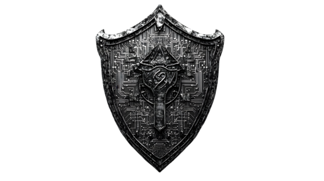 Intricate metallic shield design featuring circuit patterns, suitable for gaming or fantasy themes