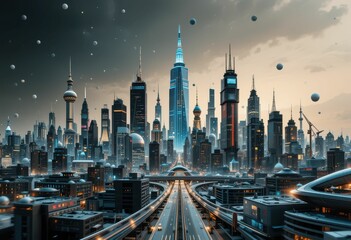 Obraz premium Futuristic Cityscape at Dusk with Towering Skyscrapers and Roads
