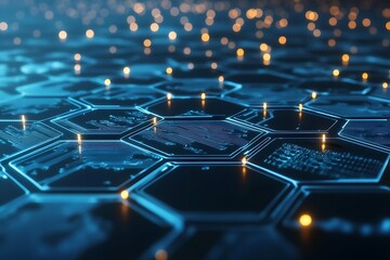 A hexagonal grid of digital connections, representing the global network and data transfer in artificial intelligence. The background is dark blue with subtle lights on each honeycomb cell to symboliz
