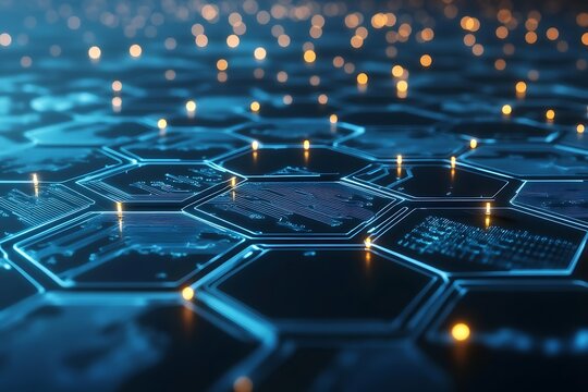 A hexagonal grid of digital connections, representing the global network and data transfer in artificial intelligence. The background is dark blue with subtle lights on each honeycomb cell to symboliz - Powered by Adobe