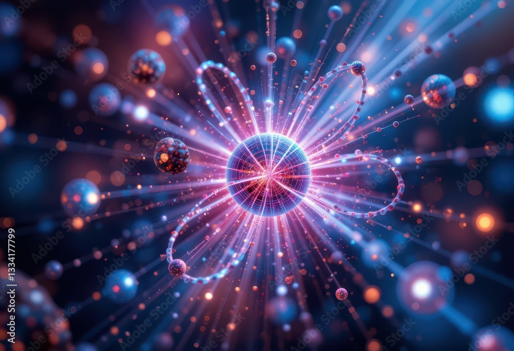 Poster abstract representation of atomic structure with colorful particles