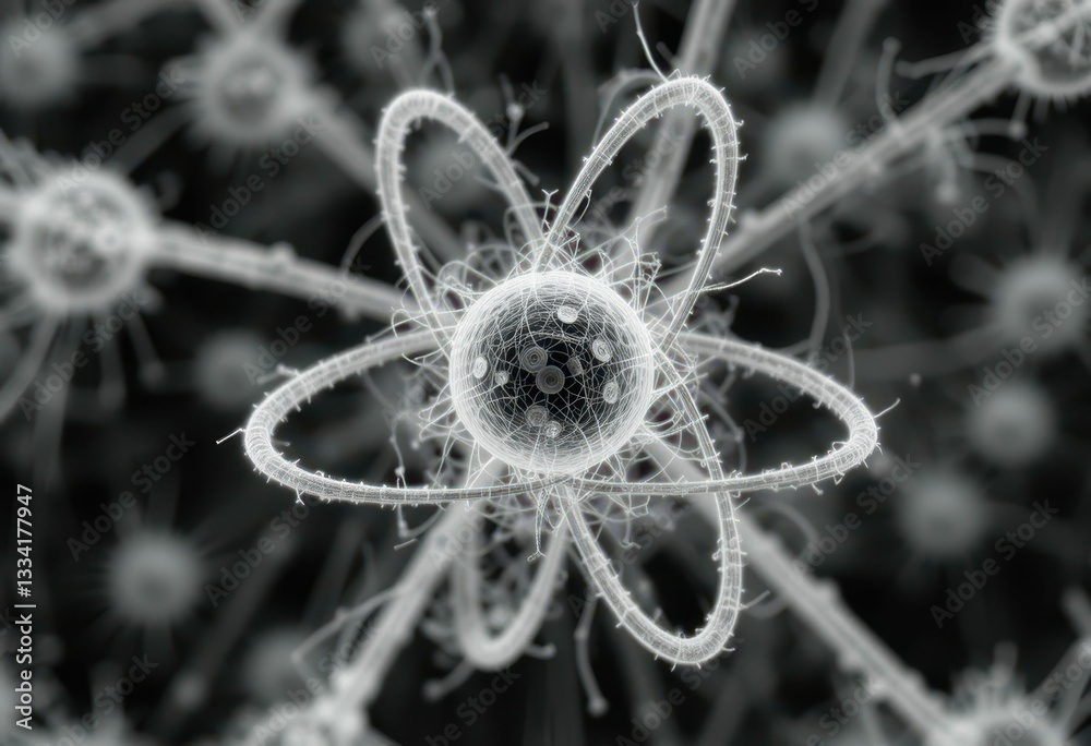 Poster abstract concept of atomic structure with electron pathways visualized