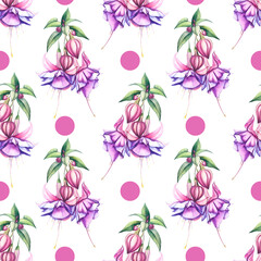 seamless floral pattern.Seamless pattern with fuchsia flowers and circles. Beautiful pattern with pink flowers for textiles, backgrounds, materials