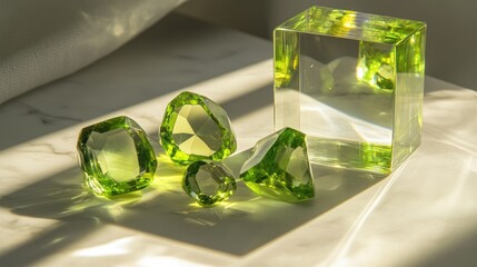 A stylish acrylic case showcasing loose peridots, reflecting light on a white marble background