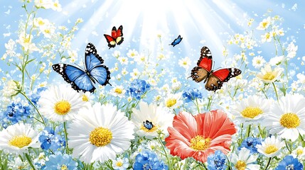 Fototapeta premium Vibrant Spring Meadow with Colorful Butterflies and Daisies Floral Nature Scene
