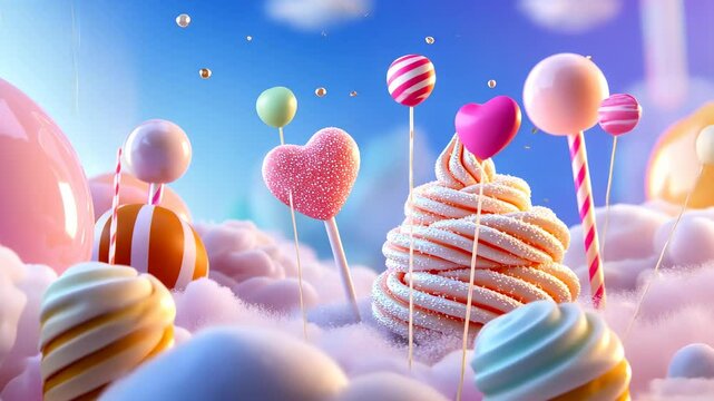 Colorful 3d lollipops stand in a sugary landscape as assorted food candy fluffy from a bright blue sky with fall white clouds fantasy landscape video 4k