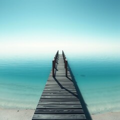 Obraz premium Calm wooden pier extending into serene turquoise waters with a clear blue sky above