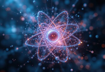 Obraz premium Abstract Visualization of an Atom with Electrons and Energy Waves