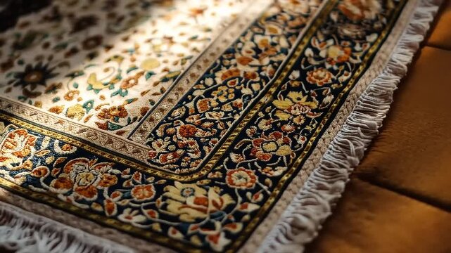 Ornate Persian rug with intricate floral patterns resting on a warm-toned wooden floor