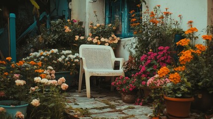 Obraz premium A white plastic chair surrounded by colorful flower arrangements and plants