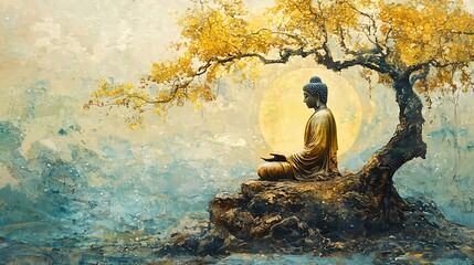 Highly detailed painting of a buddha statue sitting under the bodhi tree symbolizing enlightenment