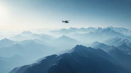 A helicopter is flying over a majestic mountain range in the sky