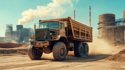Obraz premium A Large Yellow Dump Truck Travels On A Dusty Dirt Road
