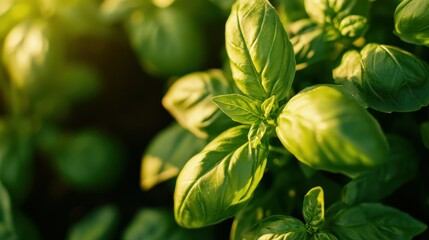 Close up view of vibrant green basil leaves illuminated
