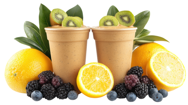Two cups filled with a creamy smoothie, surrounded by fresh fruits like kiwi, lemon, and assorted berries.
