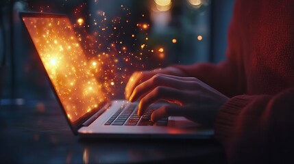 A man works on his laptop in a dark room with a glowing background
