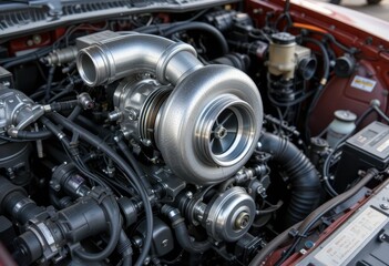 Detailed View of Turbocharged Engine Components and Systems