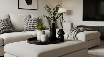 Black accent decor in a luxury family living room 